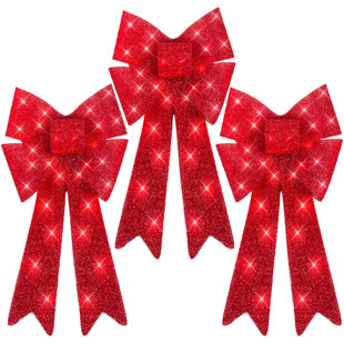 Set Of 3 Pre Lit Christmas Bows Indooroutdoor Led Holiday Decor W 8 Light Functions Red 